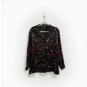 Lauren Ralph Lauren Equestrian Woman Black Horse 100% Cotton Button Blouse 3X